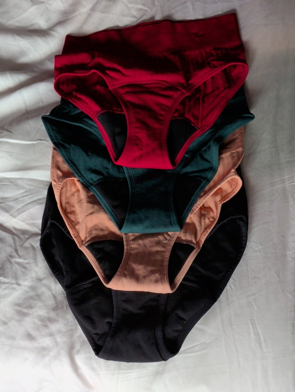 Period Comfort Cotton Bikini Briefs — Red, Dark Green, Peach & Black